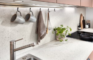 Natuursteen kunststof keuken achterwand Terrazzo Wit met bijpassend aanrechtblad Natuursteen kunststof keuken achterwand Terrazzo Wit met bijpassend aanrechtblad