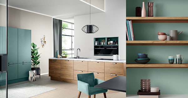Keuken verven in de nieuwste kleuren: Häcker keuken Vancouver met Aquamarijn Laser Soft kastenwand + Histor muurverf kleur Aquamarine Dream