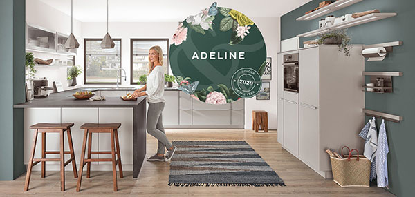 Keuken verven in de nieuwste kleuren: Nobilia keuken Fashion 165 – U-keuken met bar - Graham & Brown verf kleur van het jaar 2020: Adeline