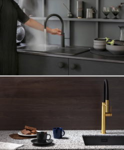Zwarte keuken: zwarte Quooker kraan en zwarte spoelbak + Gessi keukenkraan Gold op Evora Qstone aanrechtblad – Dekker Zevenhuizen Zwarte keuken: zwarte Quooker kraan en zwarte spoelbak + Gessi keukenkraan Gold op Evora Qstone aanrechtblad – Dekker Zevenhuizen