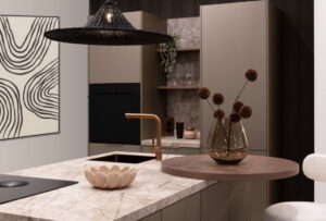 Kookeiland met ronde bar walnoot houtlook - champagne metallic kasten en marmerlook werkblad