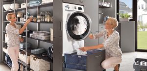 Nobilia bijkeuken + washok grijs met voorraadkast en ingebouwde wasmachine op hoogte