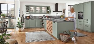 Nobilia keuken Cascada 776 laklaminaat groen grijs met riet, groene landelijke keuken T vorm