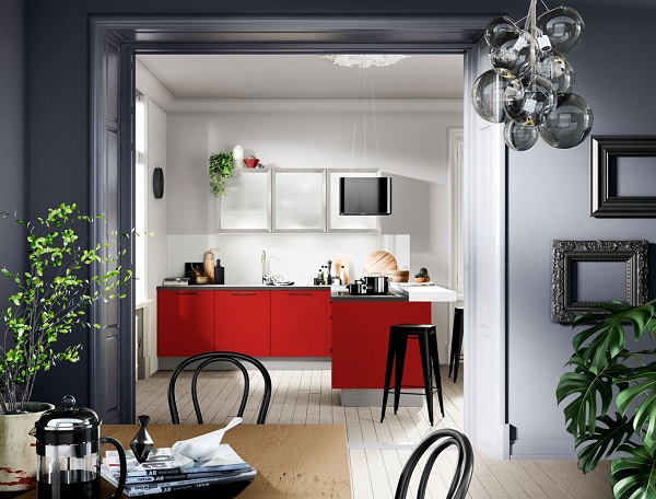 Kleine L-keuken met bar- Häcker rode keuken Uno Chili