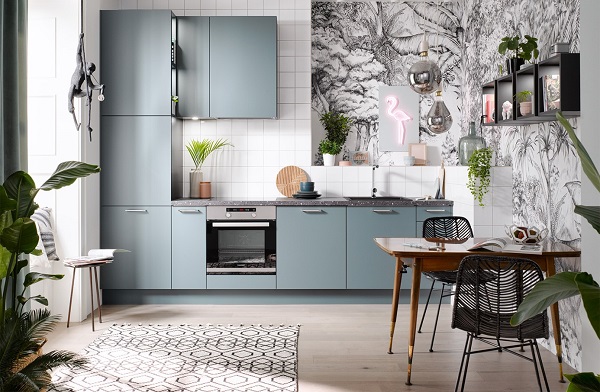 Kleine rechte blauwgroene keuken - Häcker Laser Soft Aquamarijn