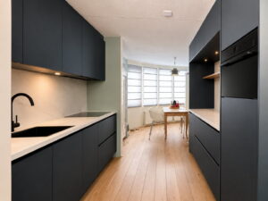Moderne parallel keuken mat Fjordblauw, gezien in tv programma De Grote Tuinverbouwing Moderne parallel keuken mat Fjordblauw, gezien in tv programma De Grote Tuinverbouwing