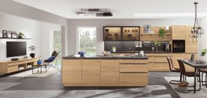 Fineer houten keuken met kookeiland, Nobilia Structura decor eiken Sierra Fineer houten keuken met kookeiland, Nobilia Structura decor eiken Sierra