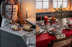 Grijze keuken met marmerlook keukenblad & gedekte kersttafel, H&M Home kerst 2020