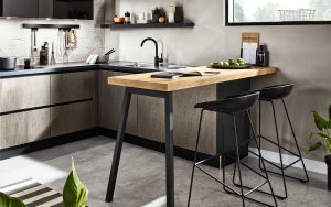 L-keuken met bar en staal fineer keukendeurtjes en lades, Häcker industriële keuken Steel GL, metallic dark brushed L-keuken met bar en staal fineer keukendeurtjes en lades, Häcker industriële keuken Steel GL, metallic dark brushed