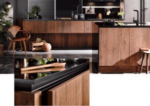 Decor houten keuken met zwarte greeplijsten, keellijsten, Häcker greeploze keuken AV 6084 GL, AV 7070