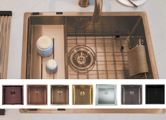 Gekleurde Lanesto spoelbak Patinated Brass, Rosé Copper, Copper, Gold, Inox/RVS, Gun metal en Sturdy Black
