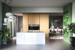 Moderne witte keuken met open groene keukenkastjes, Häcker keuken AV 6082 GL AV 4030 PerfectSense kristalwit keukenfrontjes, zichtzijden en aanrechtblad