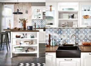 Modern klassieke keuken met decor Portugese tegel keuken achterwand & open keukenkasten, Häcker keuken Breda