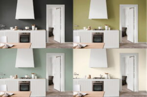Keukenmuren verven van een modern klassieke keuken met Flexa verf magna, olijf, eucalyptus en eierschaal