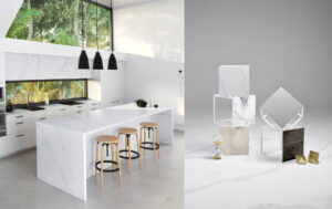 Witte design keuken met marmer composiet keukenblad en nis/zijpanelen, Silestone Calacatta Gold