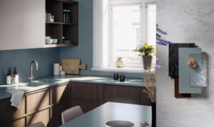  Houten moderne keuken met grijs blauw composiet keukenblad, Silestone Cala Blue Sunlit Days