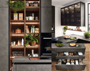 Design keukenindeling met open kasten, glazen bovenkasten, luxe lade interieur