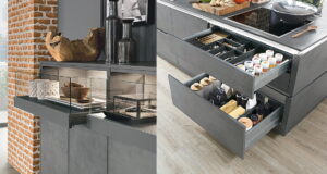 Keukenlade indeling met bestekbak & keukenlade met glazen front - Nobilia Riva betonlook keuken Keukenlade indeling met bestekbak & keukenlade met glazen front, Nobilia Riva betonlook keuken