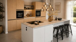 Witte moderne keuken met kookeiland en bar - eiken houtlook fronten hoge kasten en travertin werkblad Witte moderne keuken met kookeiland en bar - eiken houtlook fronten hoge kasten en travertin werkblad