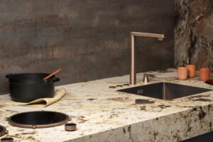 Keramische aanrechtblad met hoge werkblad rand, Evora Ceramics Abraxas
