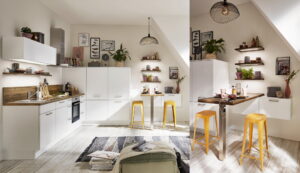Foto: Witte moderne keuken met ontbijtbar en barkrukken – Nobilia keuken Witte moderne keuken met ontbijtbar en barkrukken, Nobilia keuken