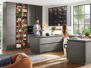 Hoge keukenkasten + open hoge keukenkasten, Nobilia betonlook keuken Riva 839