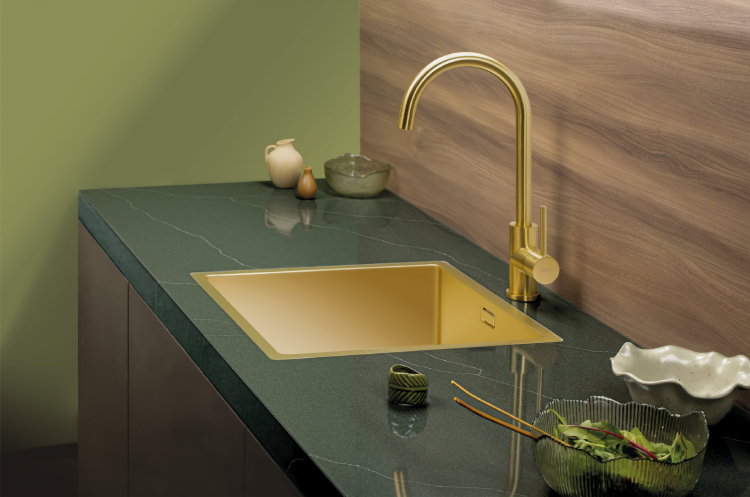 Marmerlook groen keukenblad Evora Restone Green Artemis - duurzaam natuursteen aanrechtblad