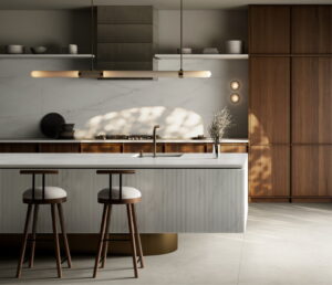 Japandi keuken met Dekton Rem marmer dessin uit de Japanse serie Dekton Ukiyo keukenblad, achterwand en Dekton met groeven kookeiland
