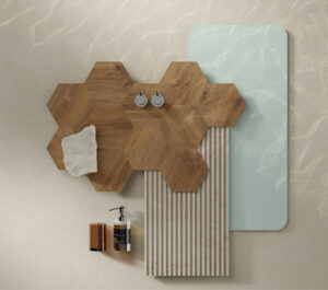 Keukenvloer kleurentrend: geometrische vloer patronen met hout- en steenlook tegels in hexagon en strepen - Moduleo Moods 100% recyclebaar PVC