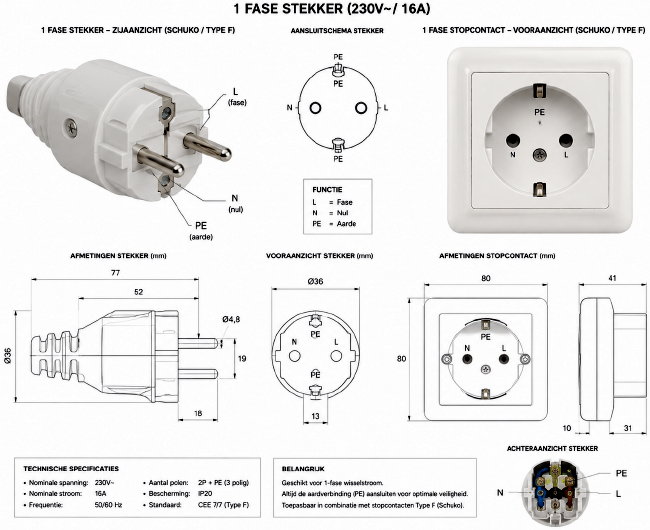 Normale 1 fase stekker inductie kookplaat + stopcontact en aansluitschema
