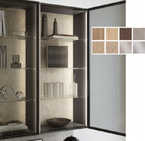 Air vitrinekast met smal frame, onzichtbare scharnieren en achterwand keuze