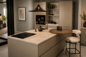 Keukentrend 2027: ronde keuken vormen - bruin metallic kookeiland met rond barblad