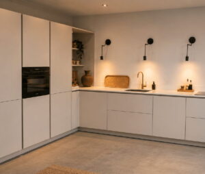 Neutrale keukenkleur 2027: Zand structuur - warme greeploze zandkleurige L-keuken met een koffienis